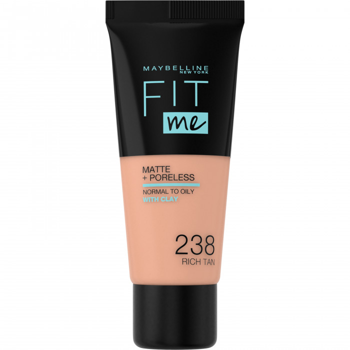 MAYBELLINE FIT ME MATE Y AFINAPOROS TONO 238 RICH TAN BASE DE MAQUILLAJE CALCA A TU TONO Y TEXTURA PIELES MEDIAS - 30ML